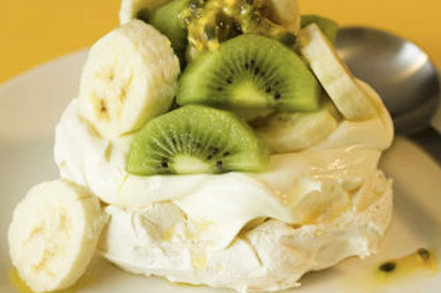 Meringue Cases with Cream, Kiwi Fruit, Bananas and Passionfruit